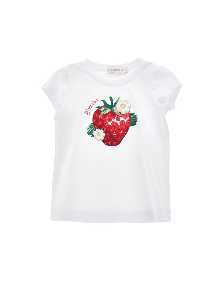 MONNALISA- Strawberry jersey T-shirt with rhinestones
