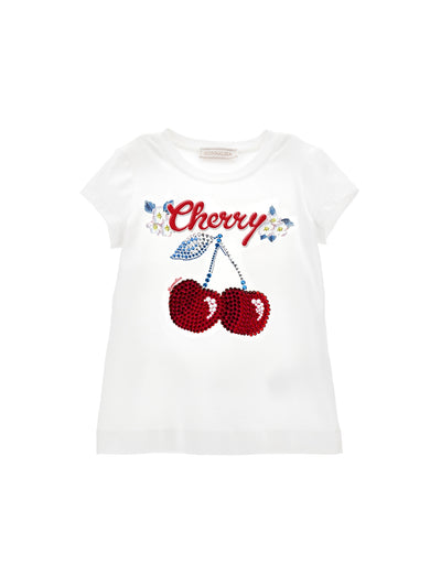 Monnalisa - Cherry embroidery cotton T-shirt