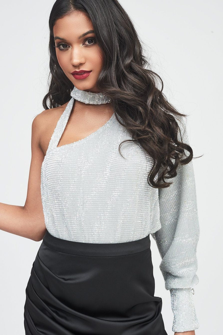 Lavish Alice - Silver iridescent sequin one sleeve bodysuit